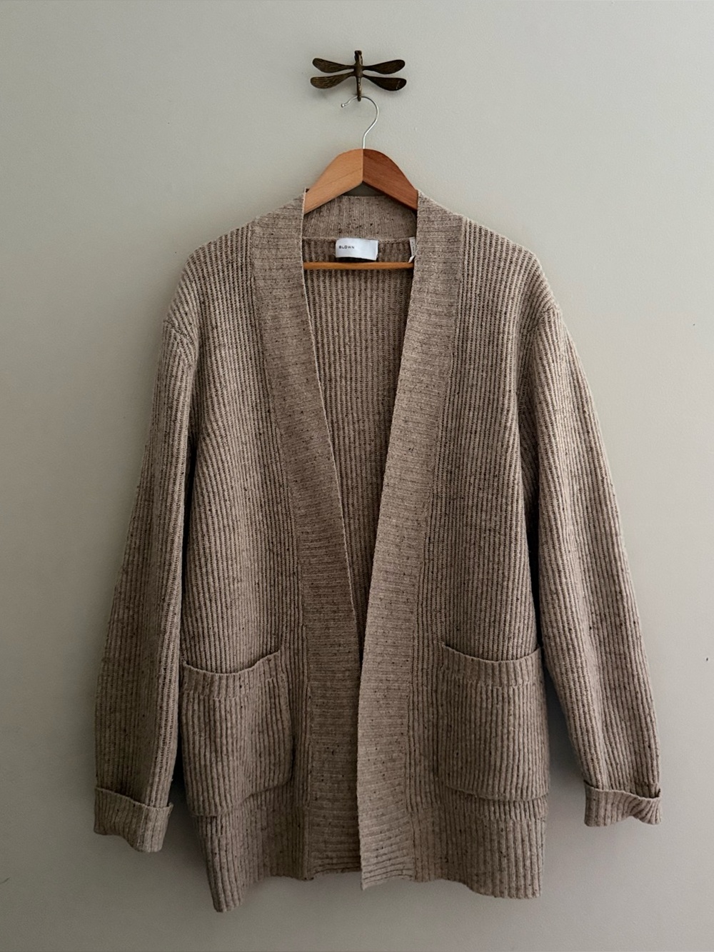 BLDWN Wool Glenn Oatmeal Tan Ribbed Knit Open Cardigan Sweater Women’s Large